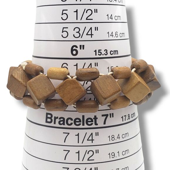 Brown Wood Cube Cylinder Bead Stretch Bracelet Retro Geometric - Picture 5 of 6